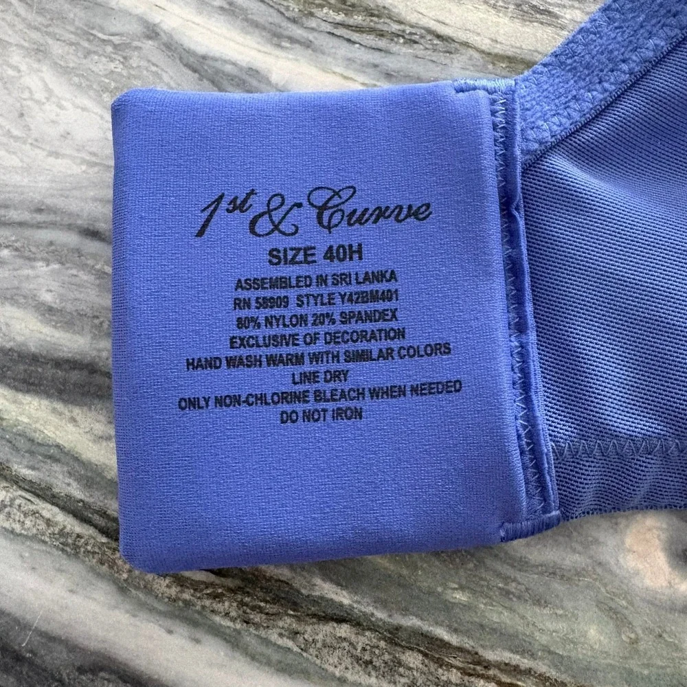 1st & Curve Blue Mesh Unlined Underwire Bra 40H Y42BM401 Rhinestone Detail
